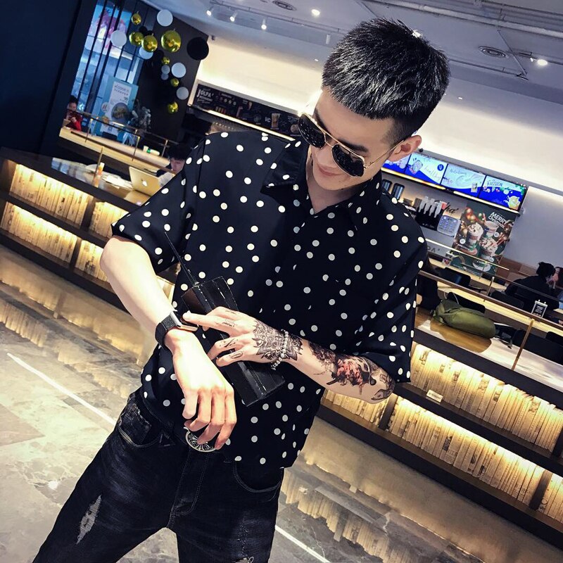 Summer Dress Shirt Men Slim Dot Print Casual Shirt Man Streetwear Trend Wild Short-sleeved Shirt Male Clothes M-2XL: black / XXL