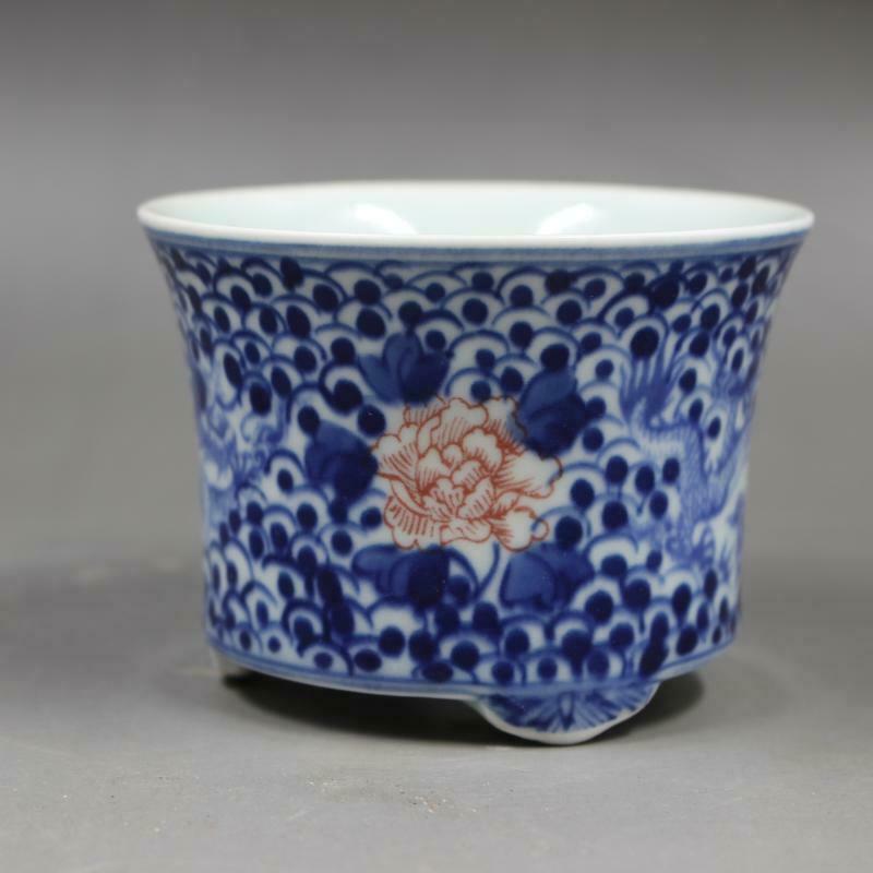 Chinese Blue and White Porcelain Red Flower &amp; Dragon Pattern Succulent Plants Mini Flowerpot Pot Home Ornaments