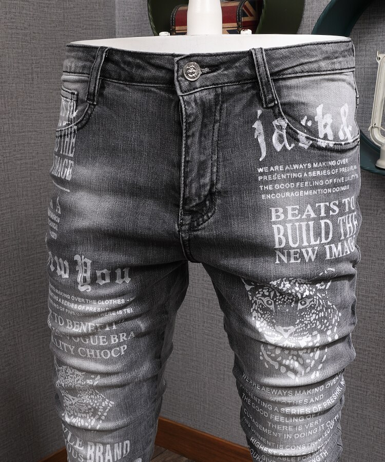 Herfst zwart grijze jeans heren slim-fit stretch strakke skinny broek koreaanse stijl trendy merk gewassen bedrukte heren denim jeans