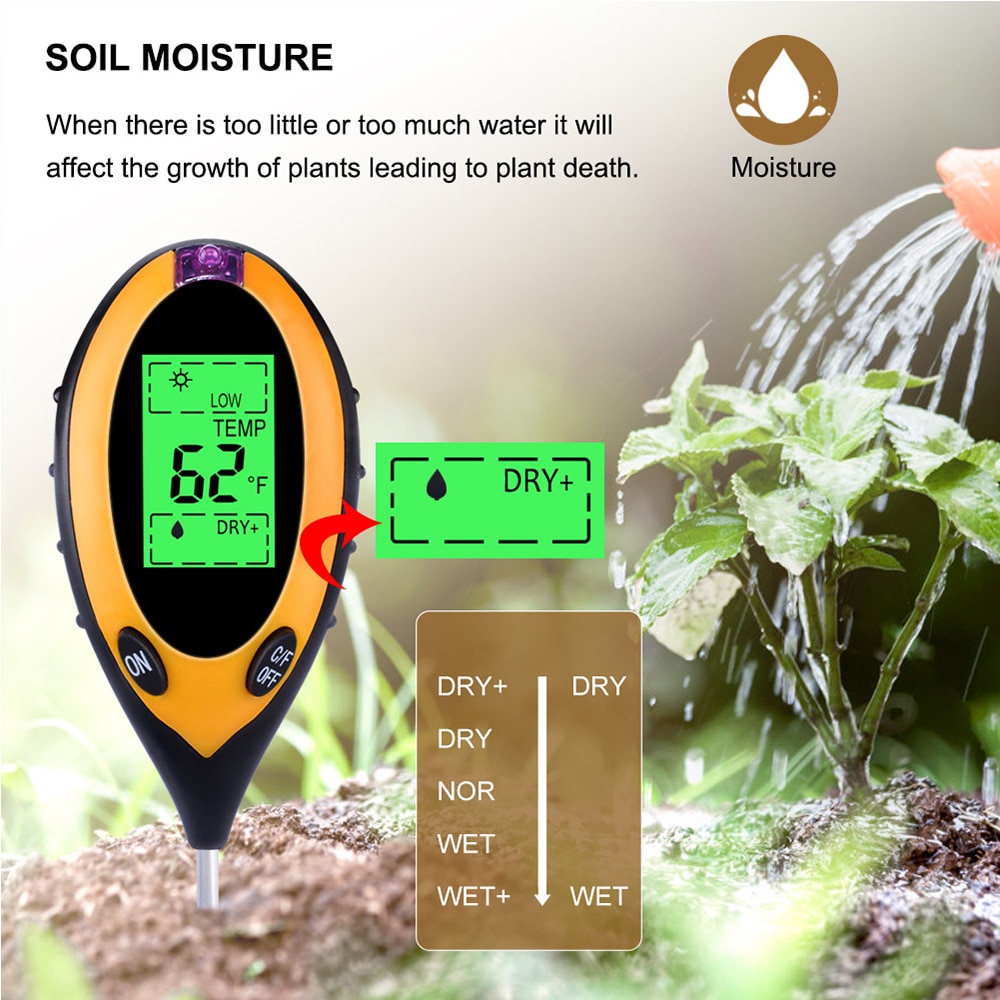 4 en 1 numérique ph-mètre sol humidité moniteur mètre température lumière du soleil intensité mesure analyse acidité alcali outil