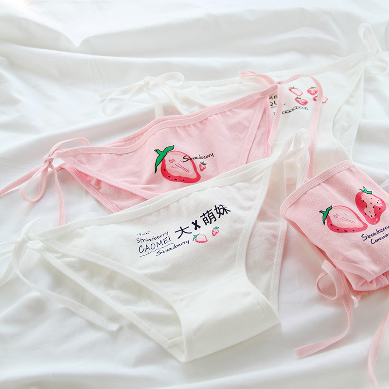 Women Pink Strawberry Panties Cute Cartoon Briefs for Girls Bandage Cotton Female Underwear Comfort High Ladies Lingerie