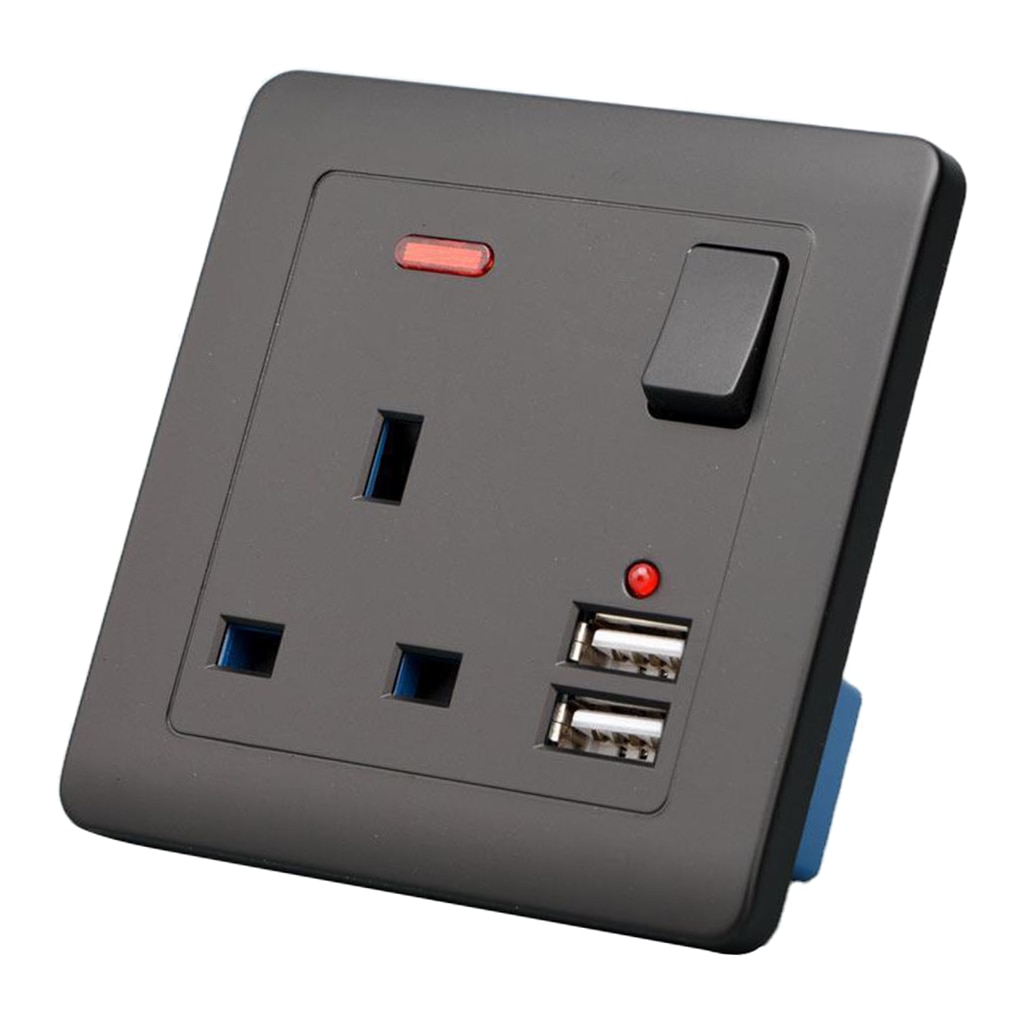 Electrical Wall Socket UK Plug with 2 USB Port Outlets Plate Universal Black