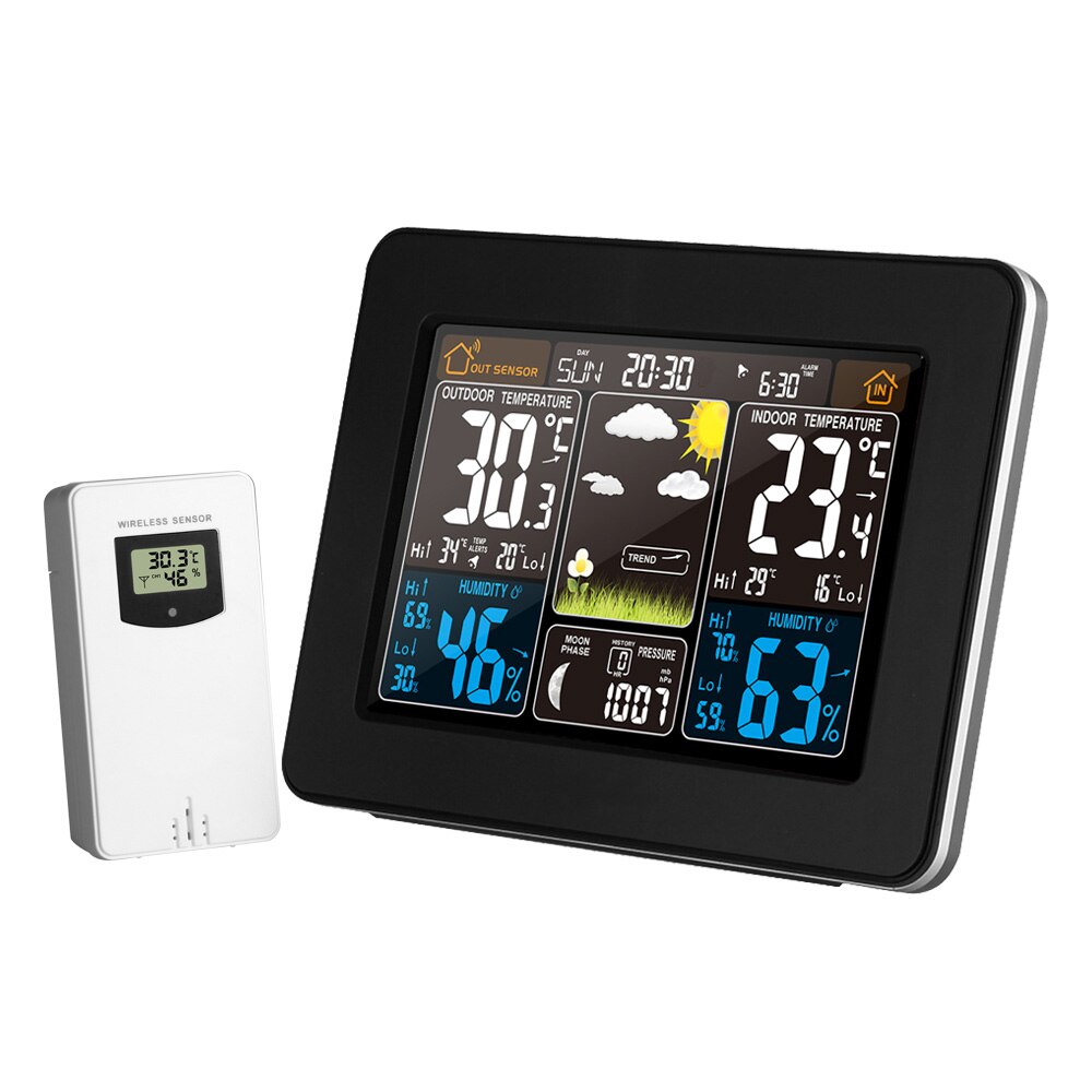 FanJu FJ3365 Weather Station Air Pressure Forecast Alarm Indoor Outdoor Thermometer Hygrometer Wireless Multifunction Clock: Black