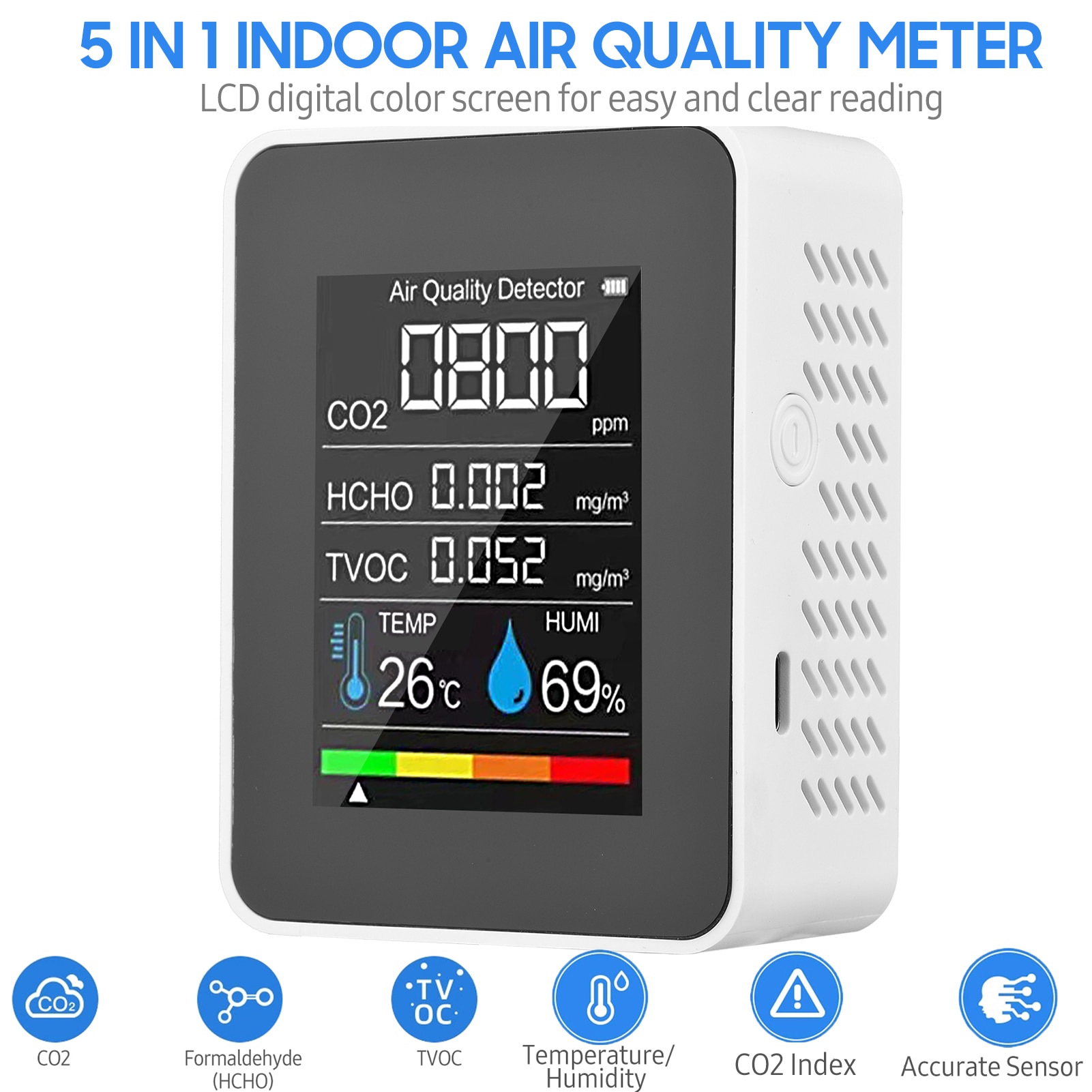 CO2 Meter 5in1 Formaldehyde HCHO TVOC Tester Co2 Sensor Air Monitor Indoor CO2 Detector LCD Temperature Humidity Tester