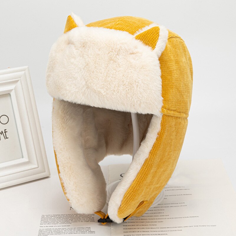 hiver femmes oreilles de chat Bomber chapeau épais coton cachemire en peluche masque russe Ski Protection visage cache-oreilles casquette: Yellow