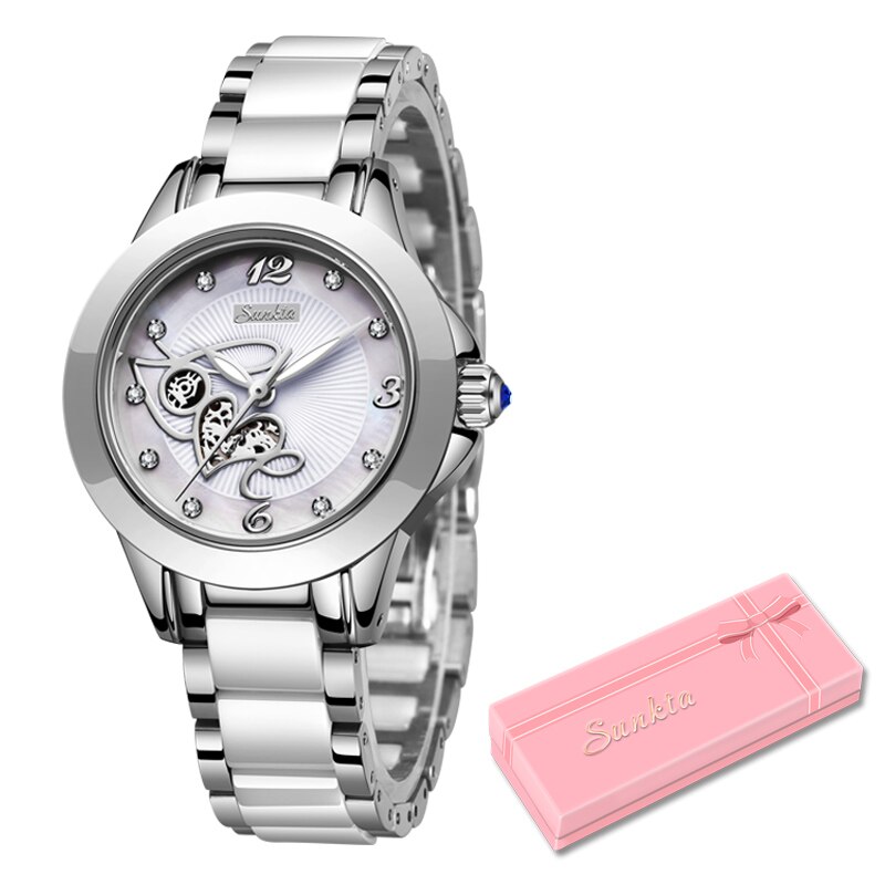 SUNKTA Luxe Vrouwen Horloges Zwarte Keramische Diamant Dameshorloge Waterdicht Quartz Horloge Relogios Femininos Klok: Zilver