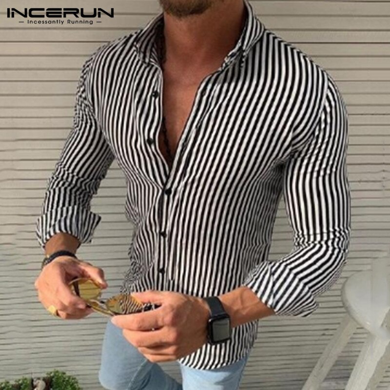 INCERUN Striped Men Brand Shirt Long Sleeve Casual Lapel Thin Shirts Bodybuilding Streetwear Camisa Masculina S-3XL