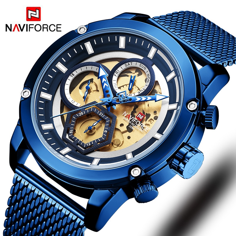 Naviforce Mannen Horloge Blue Skeleton Dial Lichtgevende Heren Horloges Luxe Quartz Horloge Mannen Luxe Horloges