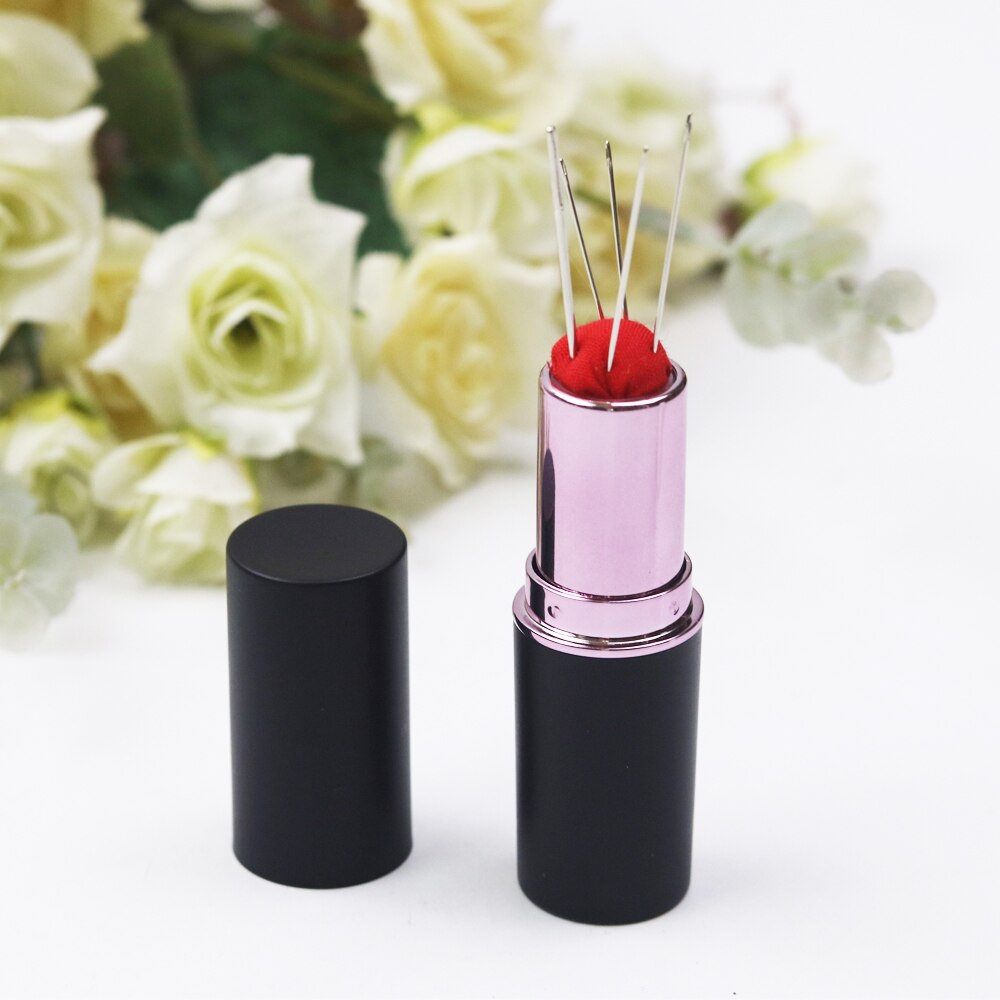 Lipstick Needles Pin Cushion with 5 Sewing Needles Rotatable Needle Holder Needlework Cross Stitch Accessories Sewing Tool
