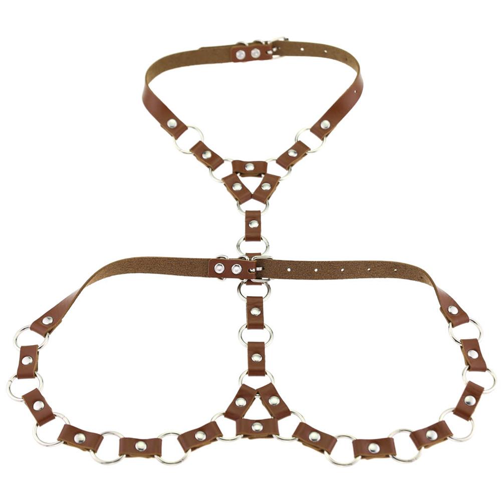 Mode Punk PU Lederen Harnas Body Met O-Ring Choker Bondage Taille Riemen: brown