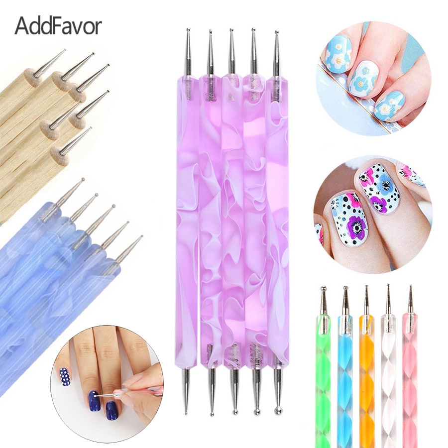AddFavor 5 stk/set Acryl Hout Nail Rhinestone Picker Pen Nail Art Puntjes Tool Manicure Nagellak Gel Spot Schilderen Pen