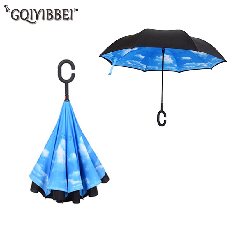 Fri stil lang skaft dobbelt lag omvendt paraply regn kvinder mand vindtæt c-krog mandlig golfbil omvendt paraply