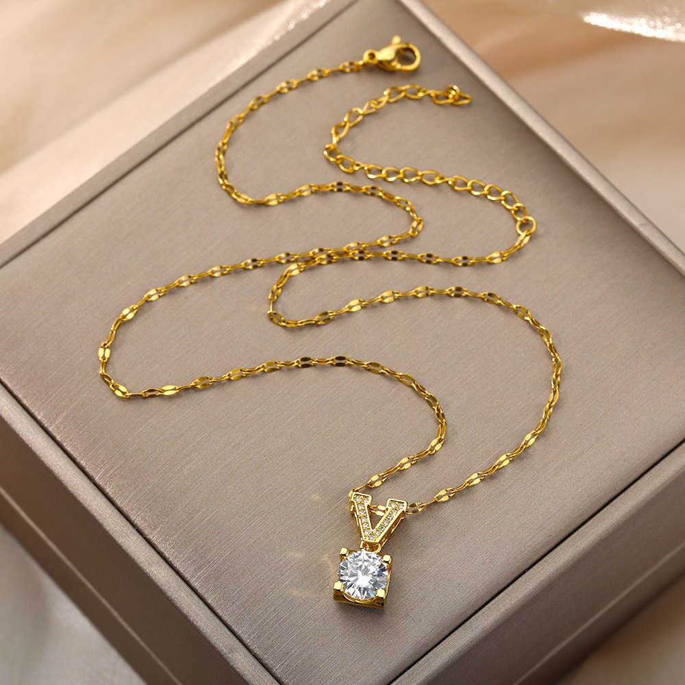 Luxus Zirkonia Halskette Für Frauen Edelstahl Gold Kette Halsketten glänzend Kristall Halsband Hochzeit Band Paar Schmuck