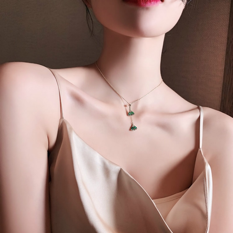 Koreaanse Prachtige Klassieke Groene Witte Crystal Geometrische Ketting Elegante Dames Banket Sieraden Temperament