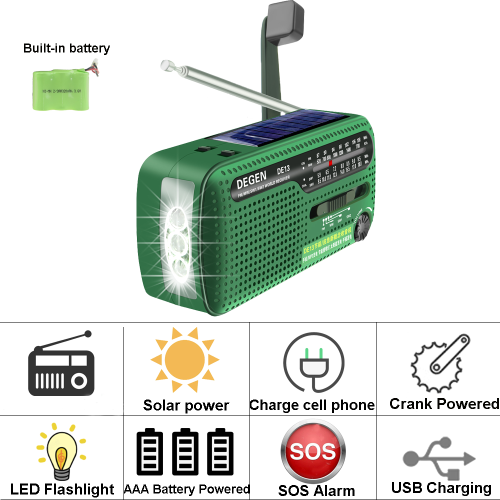 DEGEN DE13 Latarka FM Alarm przeciwsłoneczny Radio Zasilanie telefonu Radio awaryjne Przenośny odbiornik radiowy FM MW SW Crank