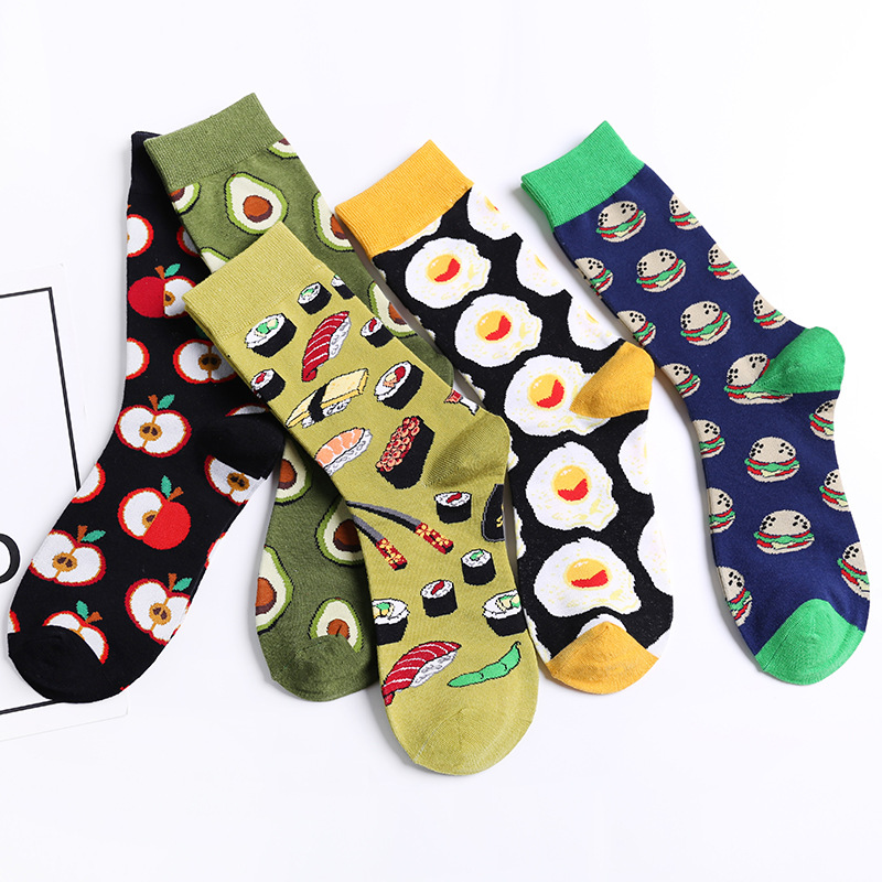 5 Paires/pack Happy Socks D'avocat Sushi Omelette Burger Pomme Nourriture Drôle Coton Chaussettes Femmes Chaussette Longue Hiver Femme
