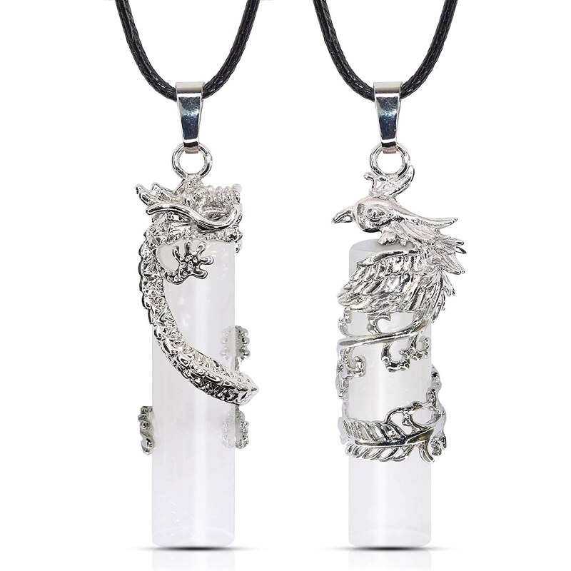 Collar cilíndrico con colgante de Yin Yang para parejas, 2 piezas, dragón de cristal, Fénix, curación por radiación: white