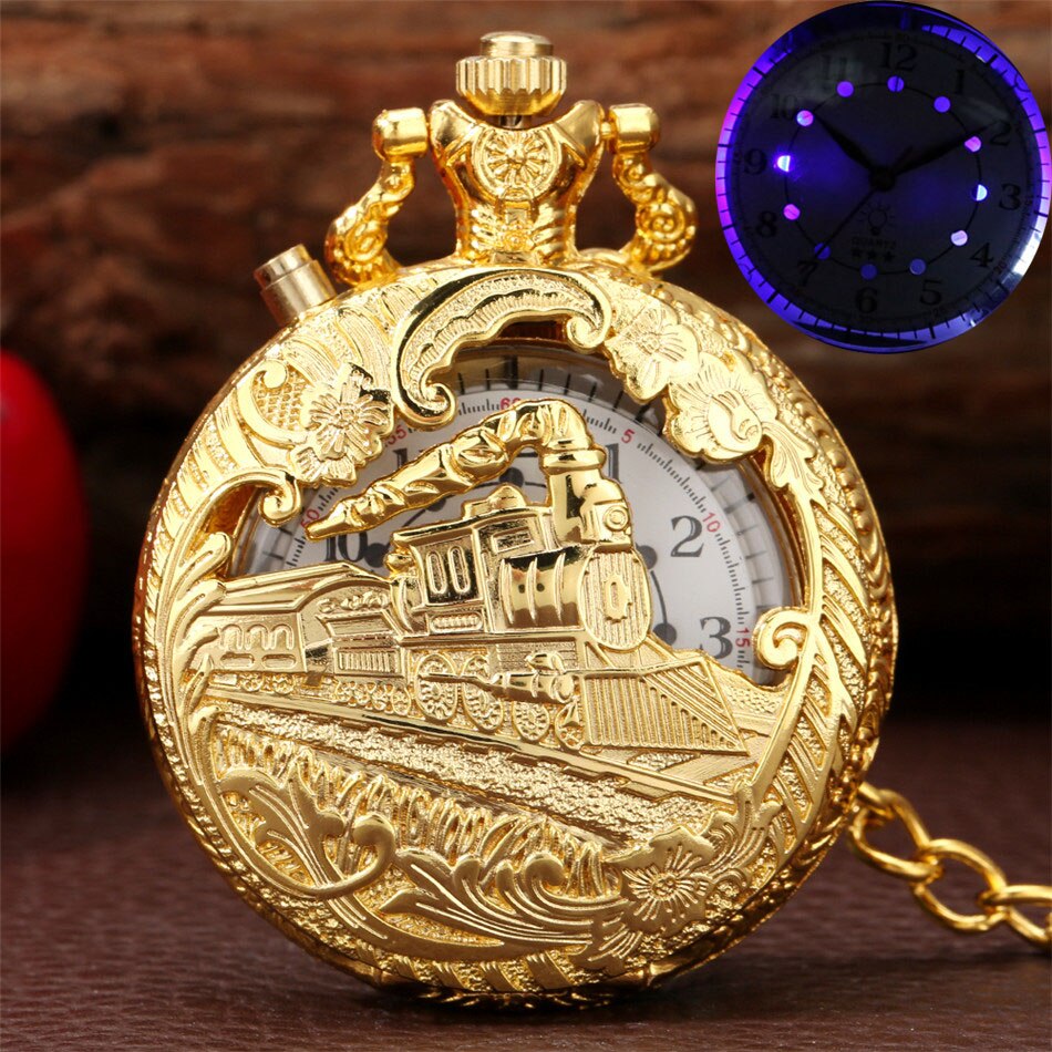 Steampunk tåg led display kvarts fickur antika hängande klocka fob kedja fickur män kvinnor: Guld-