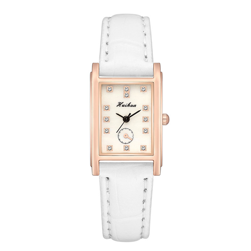 Reloj de correa de cuero fino para mujer, pulsera de mano rectangular con diamantes de imitación, a la , para estudiantes: white