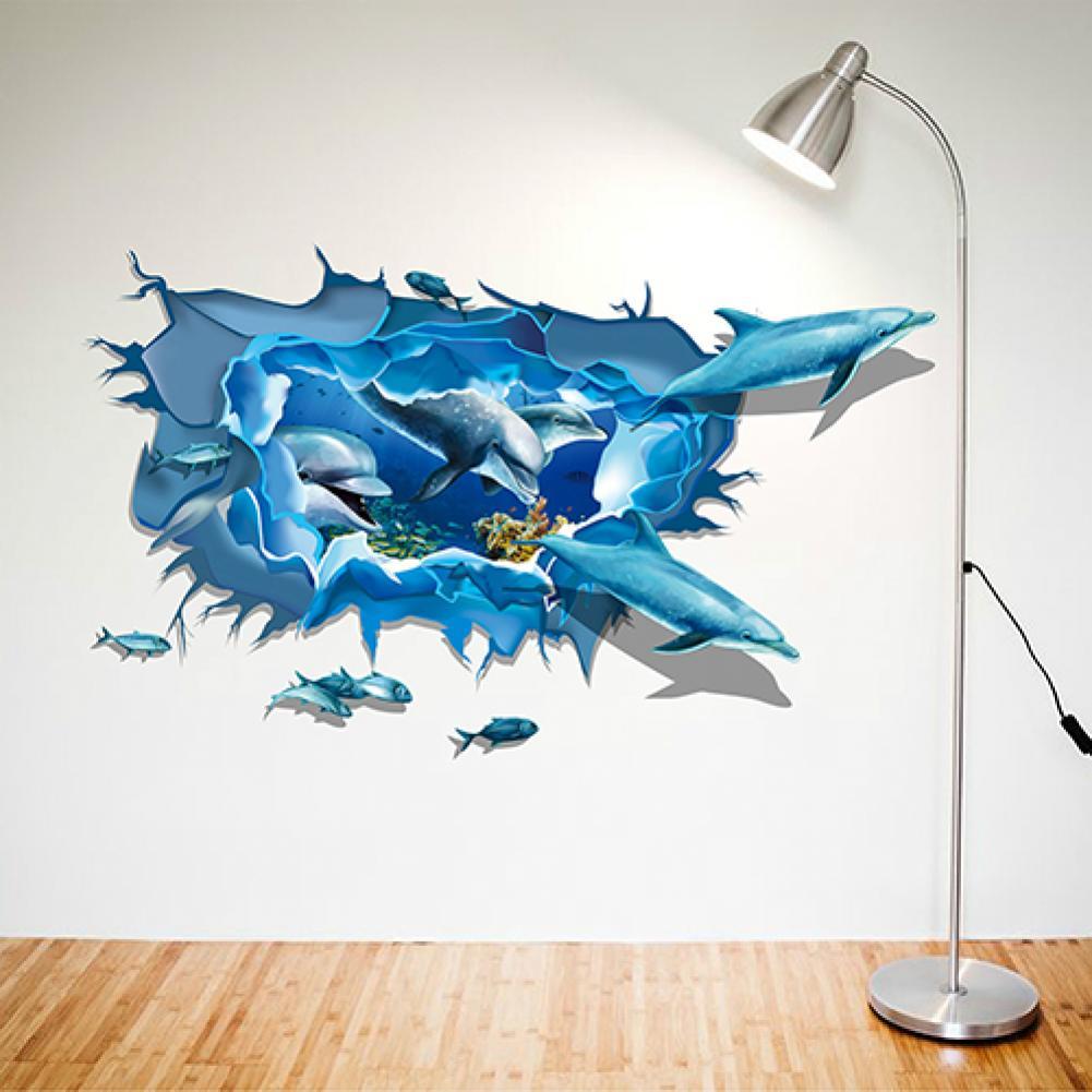 Thuis Art Decoratie Zee Aquarium 3D Dolfijnen Crack Decal Mural Muursticker