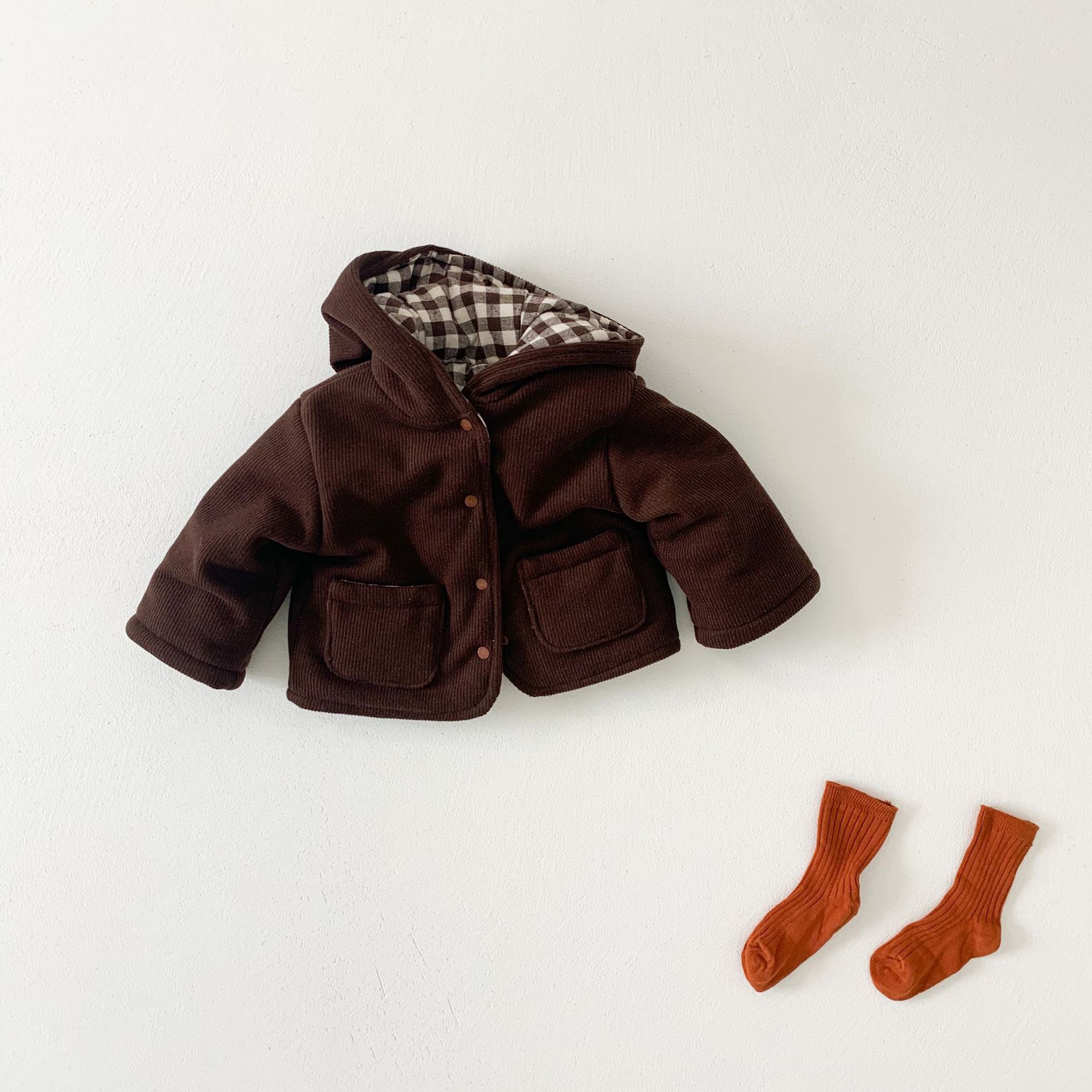 Winter Verdikte Kinderen Katoenen Jas Koreaanse Versie Plaid Baby Gewatteerde Jas Warm Jongens Meisjes Outerwears Hooded Doek: Brown / 90