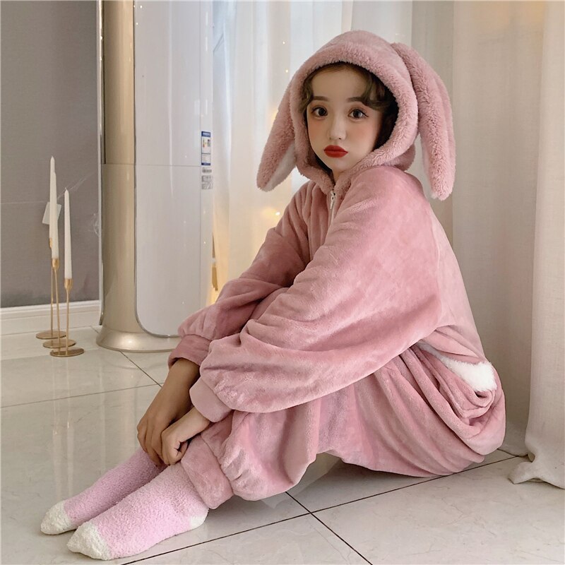 One-piece Pajamas Women Coral Fleece 2022 Autumn Winter Sweet Student Pajamas with Ears Hooded Loose Can Wear Home Clothes