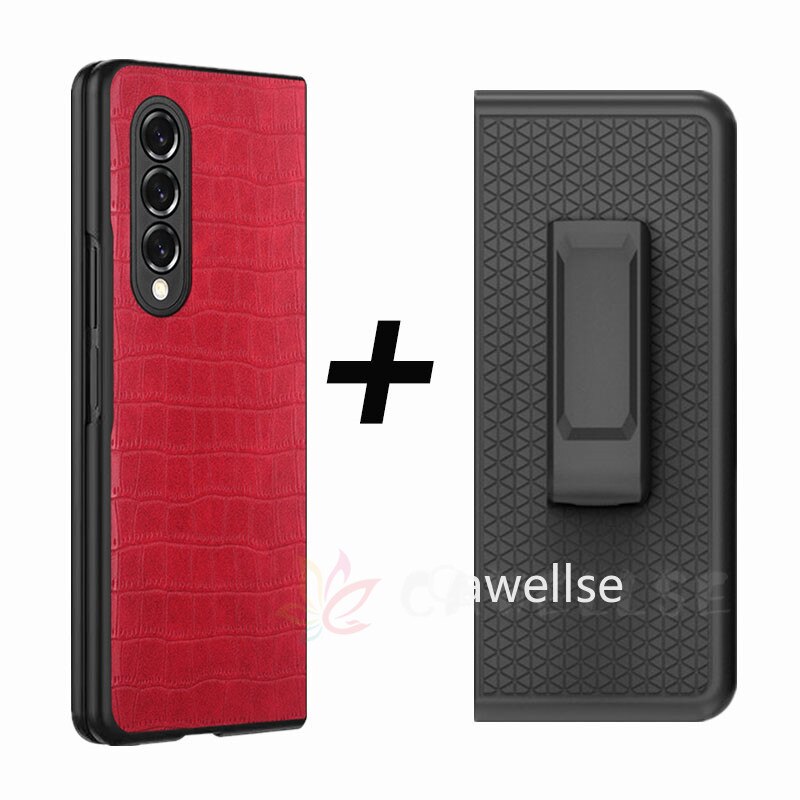 Leather Phone Case with Clip for Samsung Galaxy Z Fold 3 5G Snap-On Cover with Rotating Belt Holster Combo Kickstand Z Flod3: Red