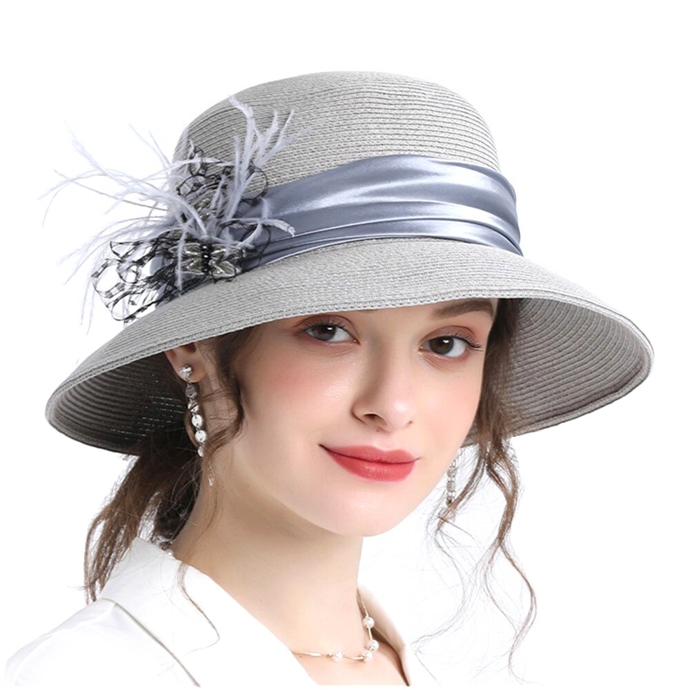Women Hats Straw Wide Brim Fascinators Sun Caps: Gray