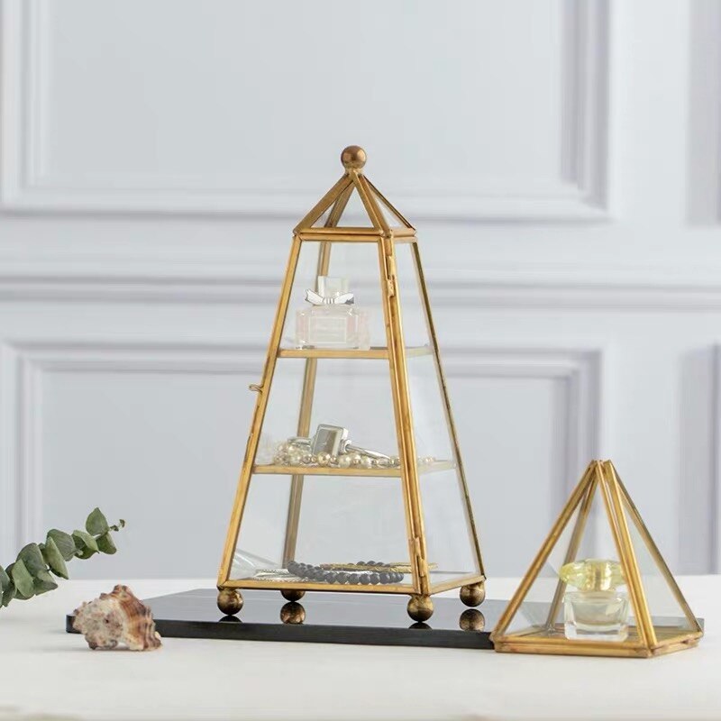 3 niveauer smykkeskrin opbevaring geometrisk opbevaringsboks til smykker display messing glas pyramide smykker arrangør gennemsigtig kasse