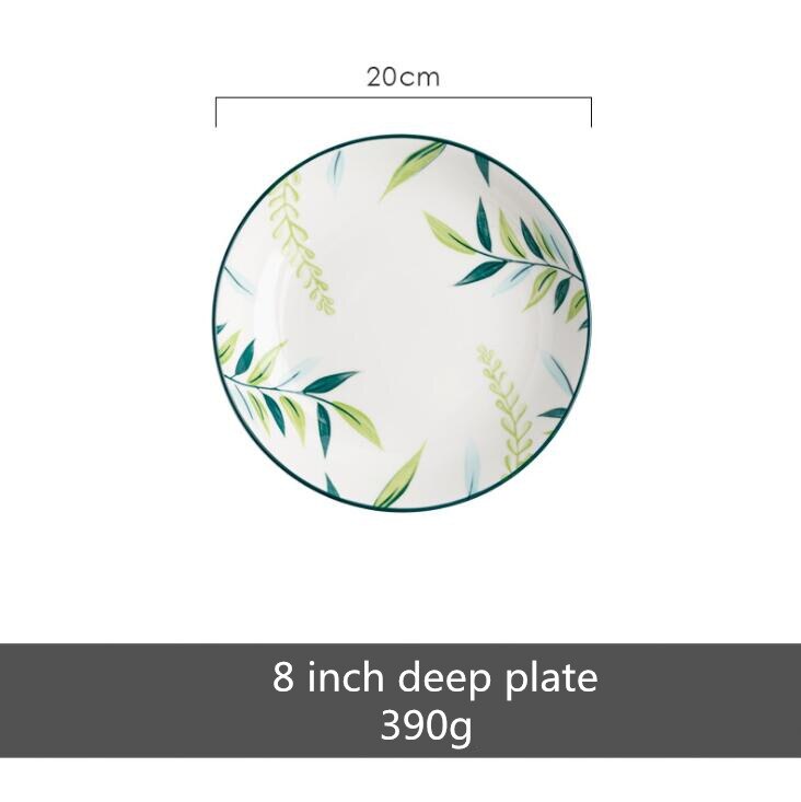 Hand-painted Underglaze Color Green Ceramic Plants Plate Set Ceramic Tableware Food Dishes Rice Salad Noodles Soup Bowl: 8 inch deep dish