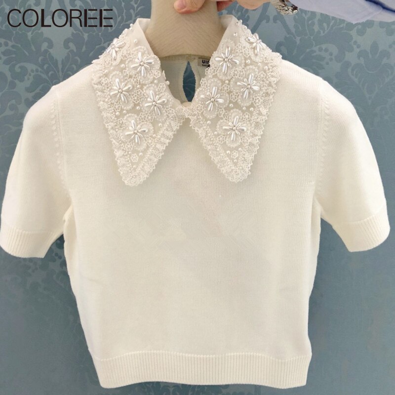 Koreansk vit pärl topp kvinnor sommar casual kortärmad tröja dam stickad tröja femme