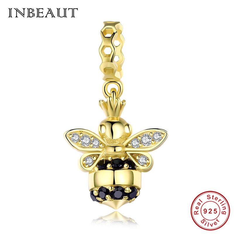 Inbeauté pingente de prata esterlina 100%, amarelo esmalte, abelha, redondo, marrom, zircônia cúbica, ninho de abelha, pulseira de marca fit: sc831
