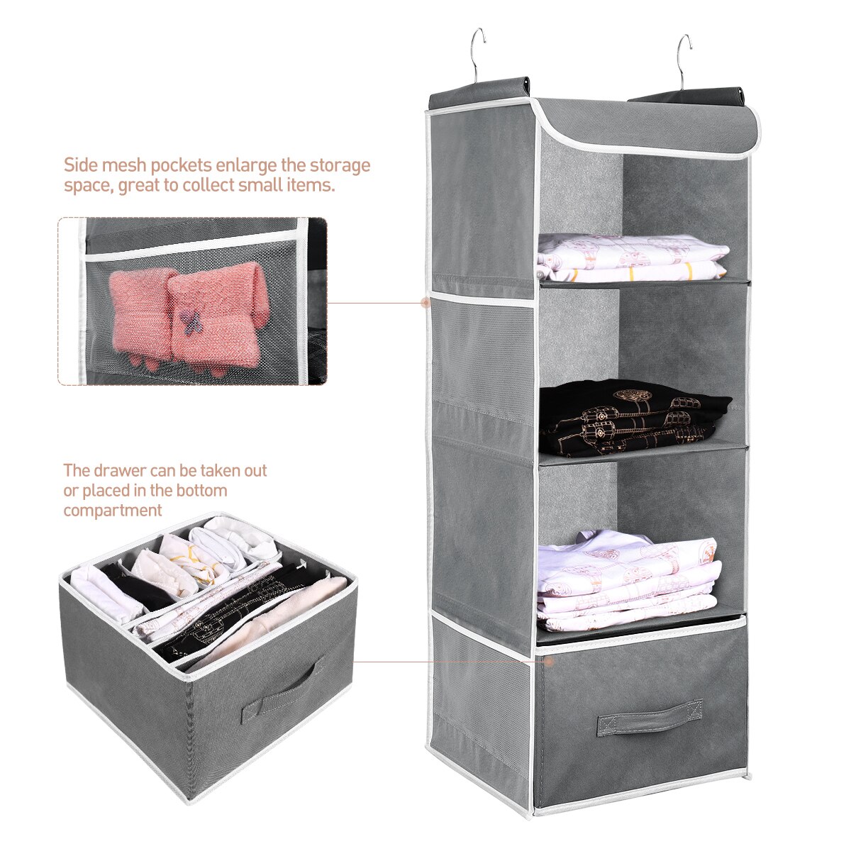 Hanging Closet Organizer Multi-layers Hanging Shelf Collapsible Closet Organizer with Side Pocket Underwear T-shirt Storage Box