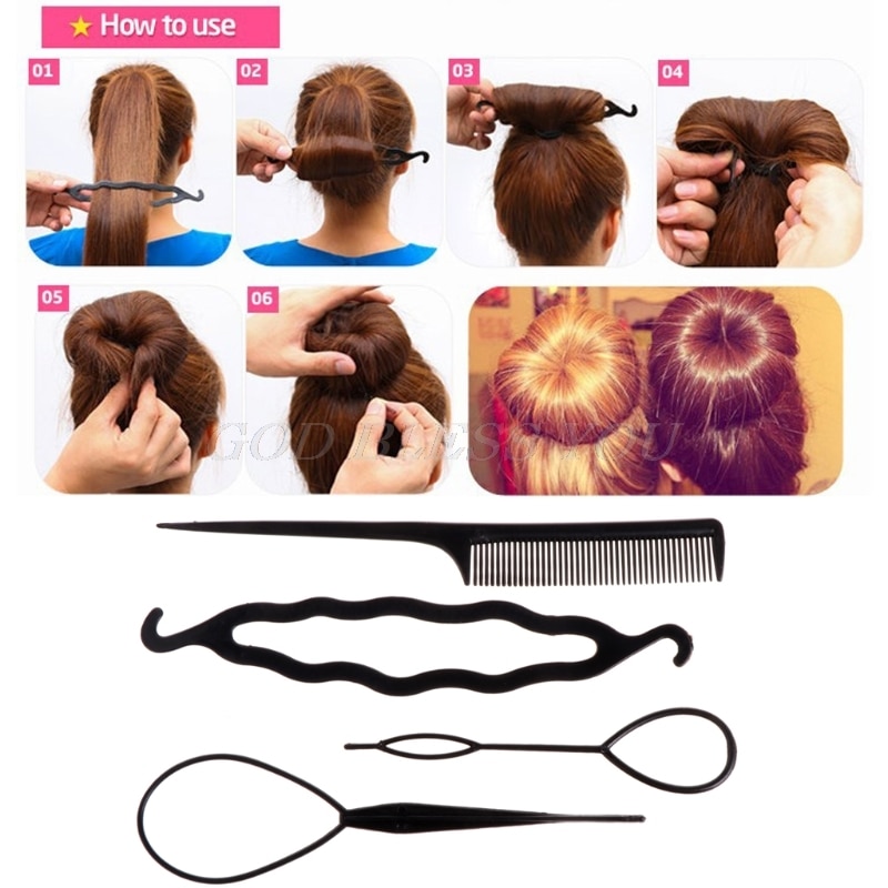 Lazo de plástico para el pelo para mujer y niña, herramientas de trenzado de cabello, novedad, cola de caballo mágica, pinza para hacer moños, 4 Uds.