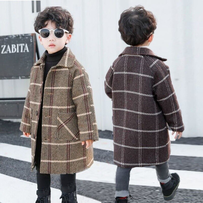 Abrigo de lana para niños, chaqueta gruesa a cuadros para otoño e invierno, abrigo largo de lana de un solo pecho