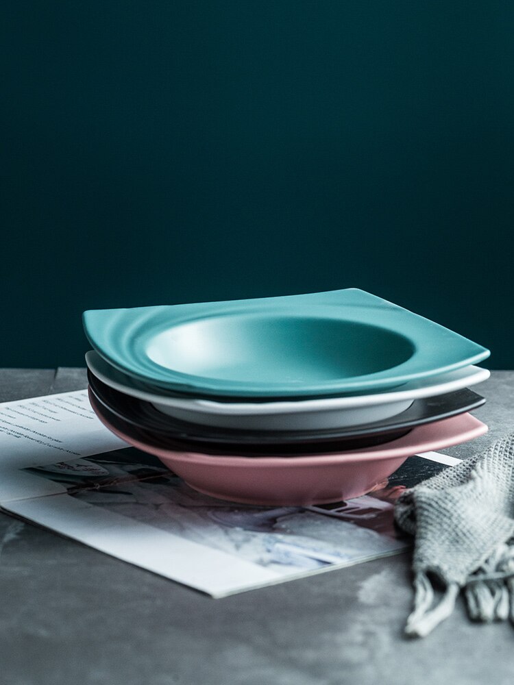 Plato de cerámica para sopa, Plato cuadrado nórdico de porcelana Occidental Profunda para comida, aperitivos, fruta, ensalada, vajilla,