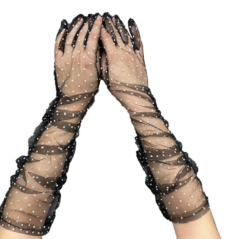 Guanti da donna in pizzo macchiare Tulle elasticizzati eleganti corti sottili a maglie sottili scaldamuscoli per ragazze da festa di nozze: 09