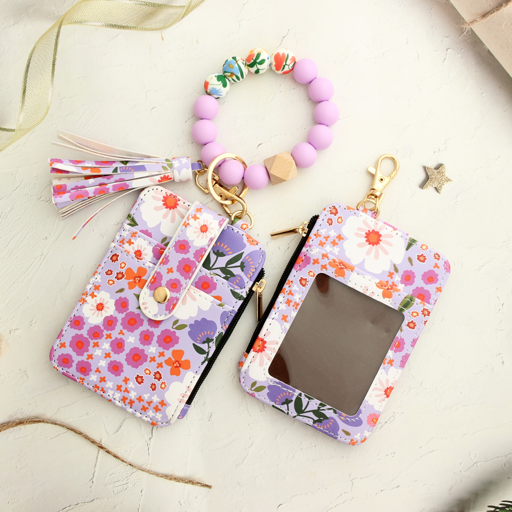 Silicone bead pu leather key chain wristlet id credit card holder keychain wallet for women Pink Flower Print Wallet
