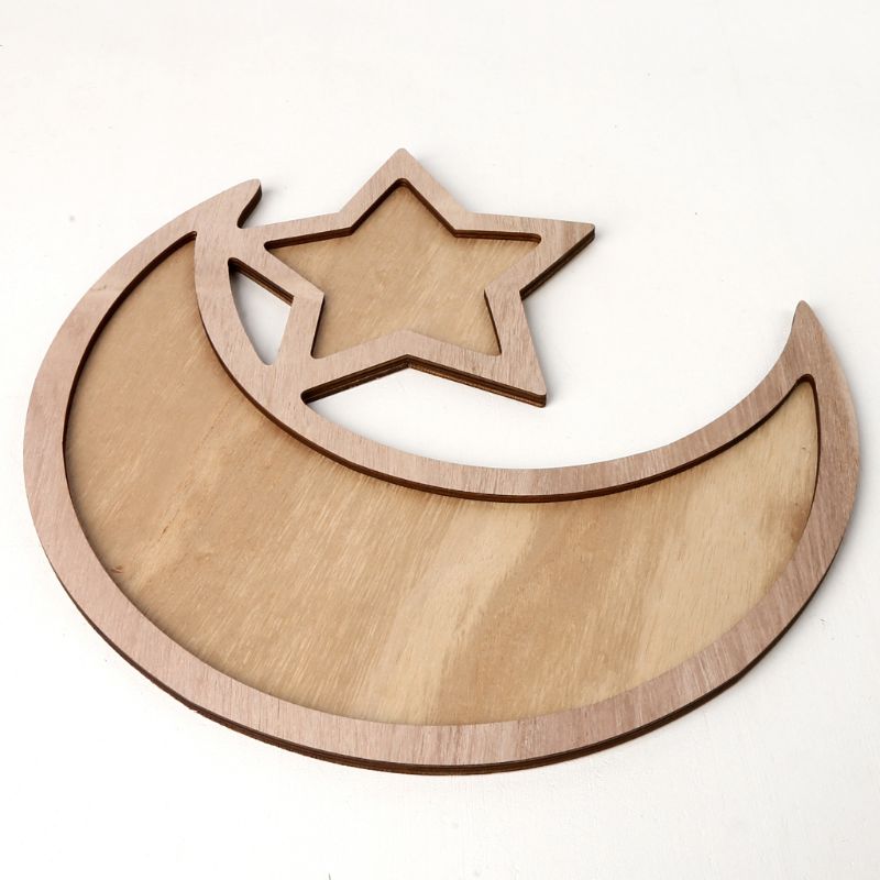 Rustieke Houten Crescent Moon Srar Eid Ramadan Party Voedsel Serveren Servies Dessert Gebak Tray Display Houder Decor Ornament
