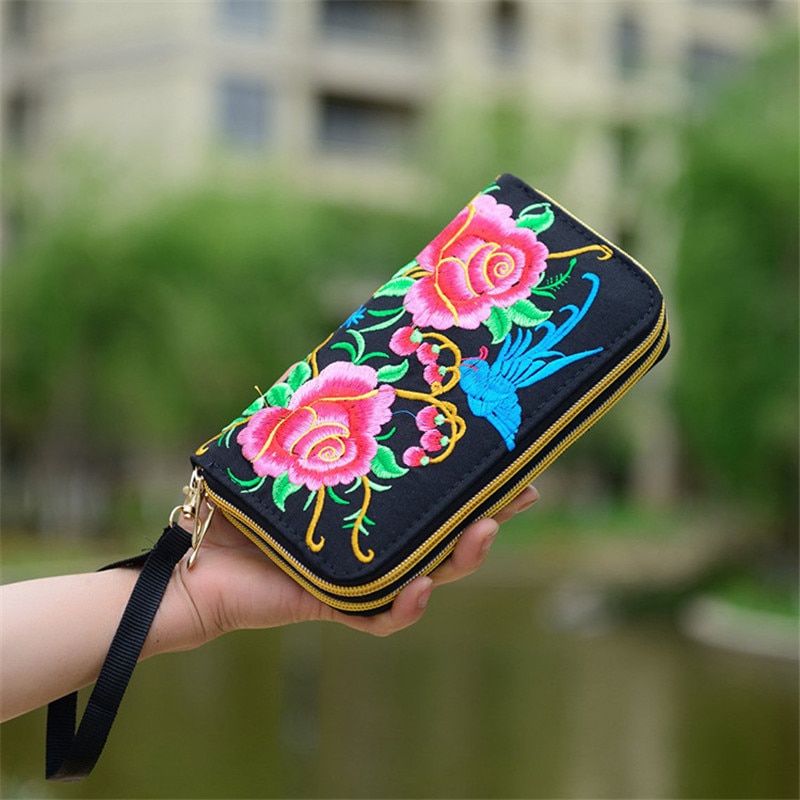 Flower Embroidered Wallet Purse Handmade Ethnic Flowers Embroidery Women Long Wallet Phone HandBag,Women Clutch