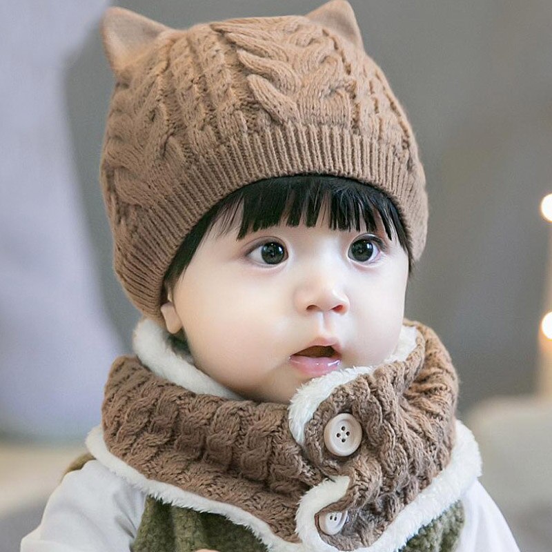 Doitbest 6 måneder  to 3 år baby baby beanie hvalp twist uld solid drenge strikkede hatte vinter 2 stk baby pige hat tørklæde sæt: Brun