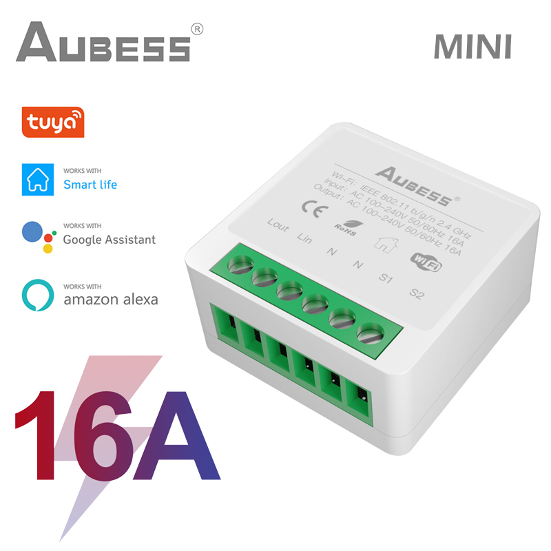 AUBESS-miniinterruptor inteligente con Wifi para el hogar, módulo de domótica con Control de 2 vías, funciona con Alexa, Google Home, Smart Life, Tuya, 16A