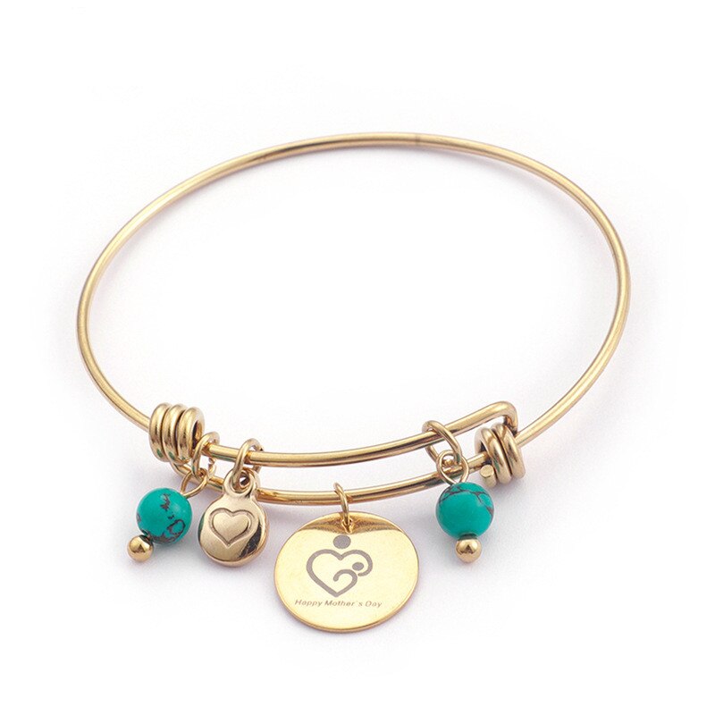 Blauwe kralen armband voor dames, 64mm roestvrijstalen hart- en letterarmbanden met bedel voor moederdag: Goud