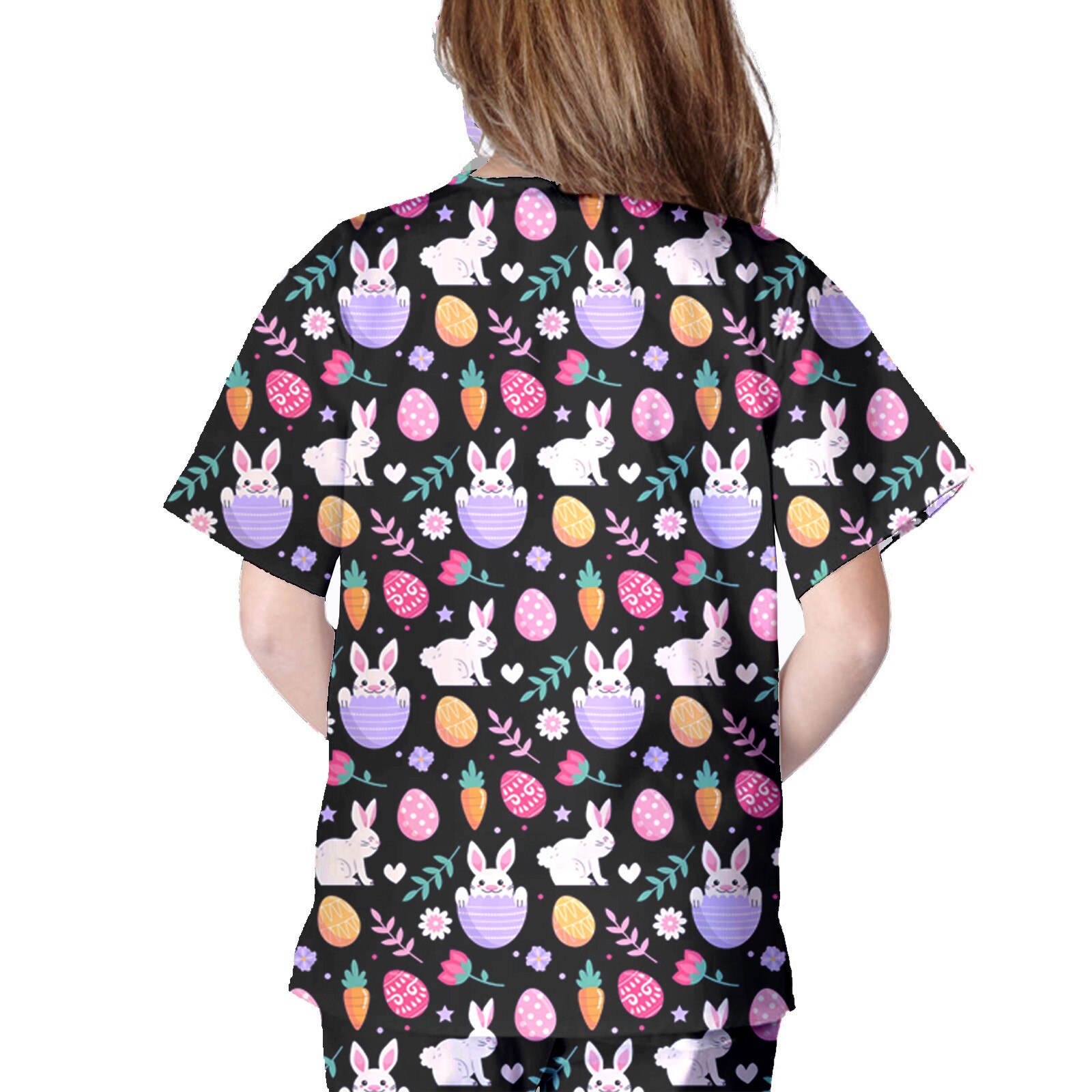 Easter Day Scrubs Tops For Women Short Sleeve V-neck Rabbit Pattern Tops Nursing Uniform Health Workers Workwear