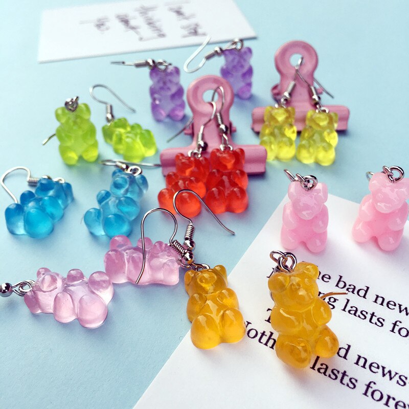 Arc-en-ciel gommeux ours doux mignon fille boucles d'oreilles avec résine alimentaire oreille clip femelle boucles d'oreilles petite fille boucles d'oreilles