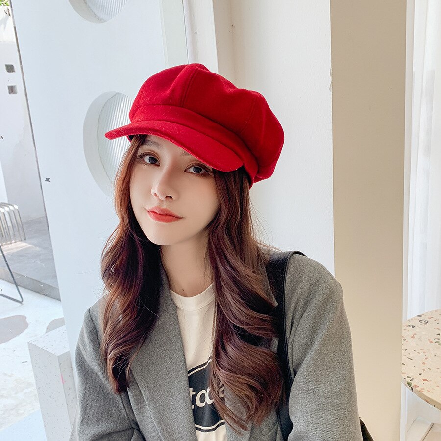 YQYXCY Winter Hats For Women Thickened Warm Beret Octagonal Hat Female Retro Painter Cap Solid Color Newsboy Cap Gorras Korean: red
