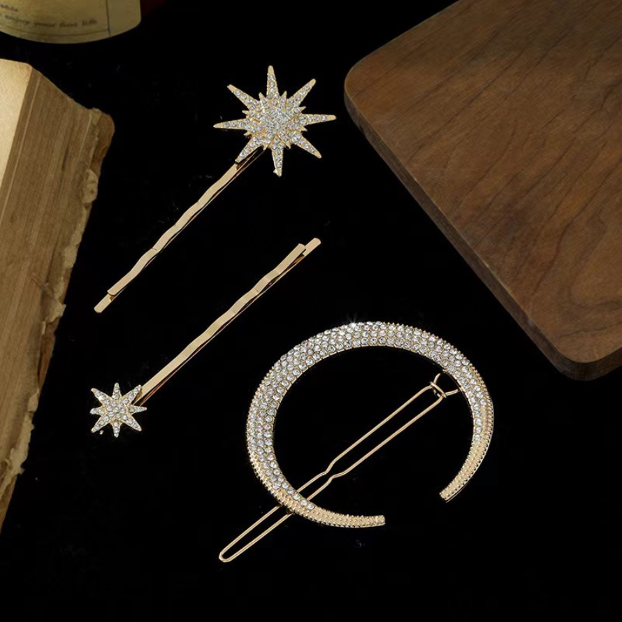 Horquillas laterales de cristal para mujer, pasadores de Metal para el cabello, accesorios para el cabello para niña, conjunto de Clips de diamantes de imitación con estrellas y Luna, horquillas de estrella