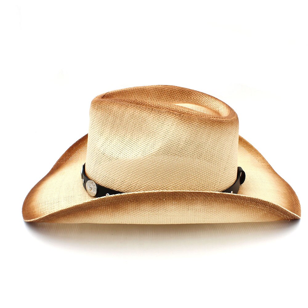 Sombrero vaquero de paja con banda de cuero de para Hombre y mujer, Sombrero occidental, gorros de vaquera, talla 58CM