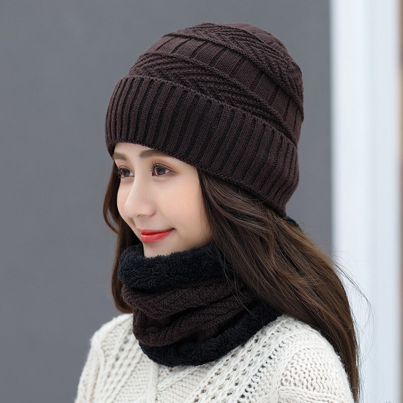 Gorro de invierno tejido, conjunto de bufanda, gorros gruesos de algodón para mujer, cuello, suave gorro de felpa que mantiene el calor para mujer: dark coffee