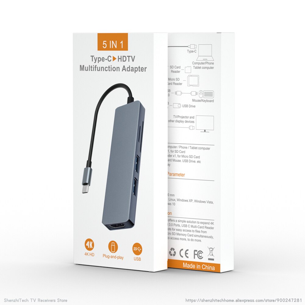 MiraScreen TC18 5 w 1 typu C 4K stacja dokująca robić adapter robić laptopa MacBook z wejściem HDMI kompatybilny 2x usb 3.0 czytnik kart SD i TF